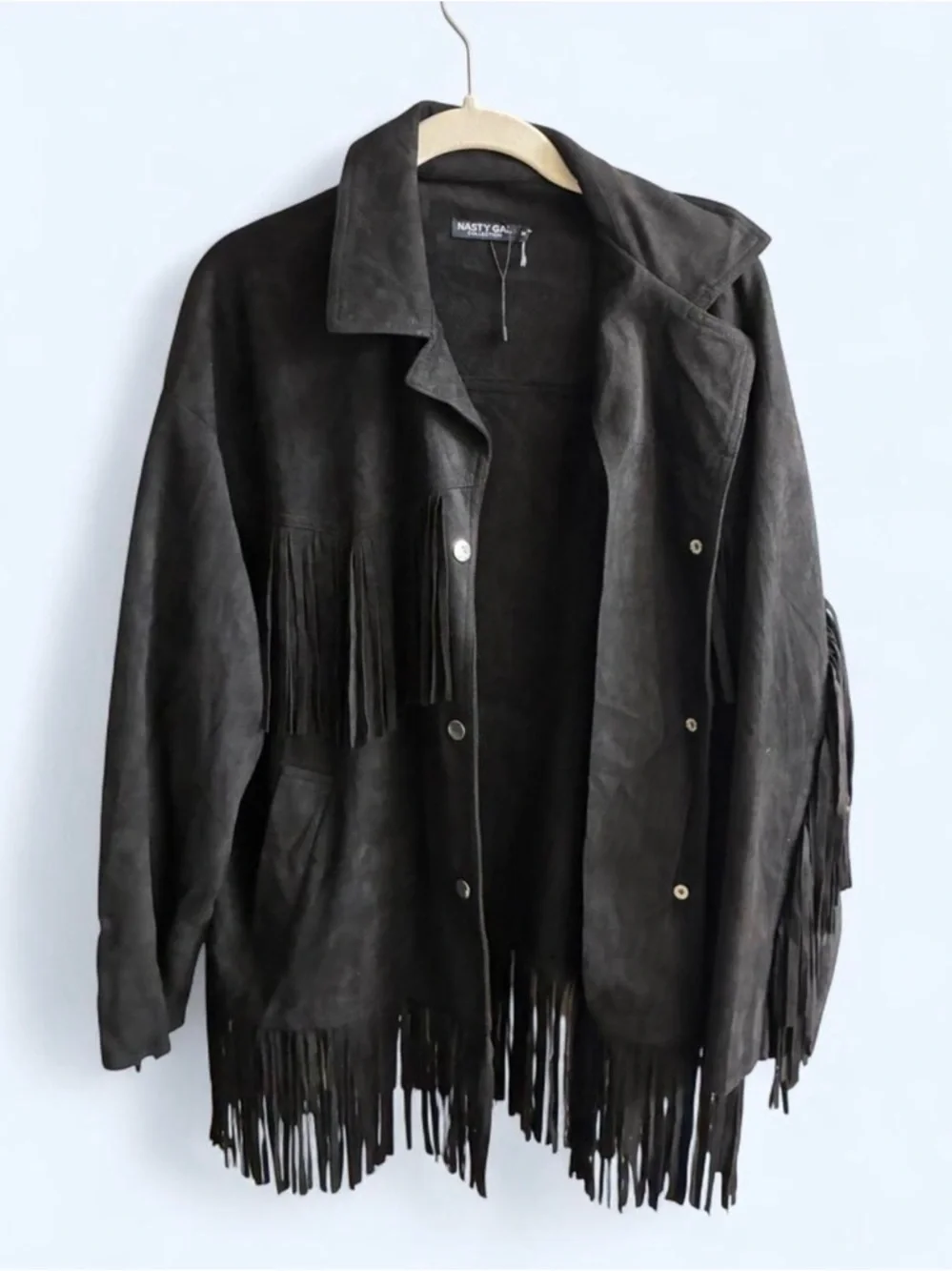 Nasty Gal Black Suede Fringe Jacket - size M - Picture 2 of 5